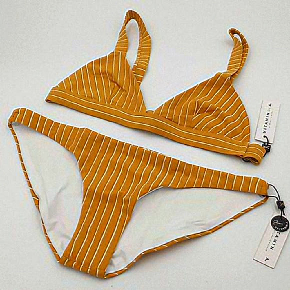 Sold! Vitamin A Neutra Triangle Top and Luciana Bottom Bikini Set Dorada Stripe - Picture 1 of 16